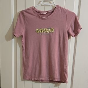 La Vie En Rose 100% Cotton Dusty Pink Tee Shiet Short Sleeve Flowers